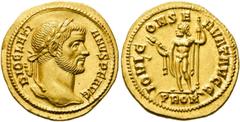 RÖMER KAISERZEIT. Diocletian, 284 - 305 n. Chr. Aureus ø 19mm (5,17g). 294 n. Chr. Mzst. Rom. Vs.: DIOCLETI-ANVS P F AVG, Kopf mit Lorbeerkranz n. r. Rs.: IOVI C-ONSE-RVAT AVGG / PROM, Jupiter mit Zep
