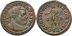 RÖMER KAISERZEIT. Maximianus Herculius, 285 - 310 n. Chr. AE Follis ø 27mm (10,10g). 303 - 305 n. Chr. Mzst. Treveris. Vs.: IMP MAXIMIANVS AVG, Panzerbüste mit Lorbeerkranz n. r. Rs.: GENIO POPVLI ROM