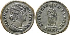 RÖMER KAISERZEIT. Fausta, 307 - 326 n. Chr. AE Follis ø 20mm (3,74g). 325 -326 n. Chr. Mzst. Kyzikos. Vs.: FLAV MAX FAVSTA AVG, drapierte Büste n. r. Rs.: SPES REI P-VBLICAE / SMHA·, Spes mit zwei Kin