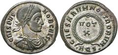 RÖMER KAISERZEIT. Crispus, 317 - 326 n. Chr. AE Follis ø 19mm (3,10g). 321 n. Chr. Mzst. Aquileia. Vs.: CRISPVS NOB CAES, drapierte Panzerbüste mit Lorbeerkranz n. r. Rs.: CAESARVM NOSTRORVM / ·AQS·, 