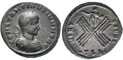 RÖMER KAISERZEIT. Constantin II. als Caesar, 317 - 337 n. Chr. AE Follis ø 20mm (2,14g). 319 n. Chr. Mzst. Thessaloniki. Vs.: CONSTANTINVS IVN NOB CAES, Panzerbüste mit Lorbeerkranz n. r. Rs.: VIRT EX