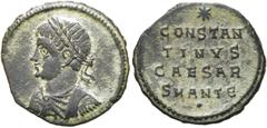 RÖMER KAISERZEIT. Constantin II. als Caesar, 317 - 337 n. Chr. AE Follis ø 18mm (2,06g). 324 - 325 n. Chr. Mzst. Antiochia. Vs.: Drapierte Panzerbüste mit Lorbeerkranz n. l. Rs.: CONSTAN/TINVS / CAESA