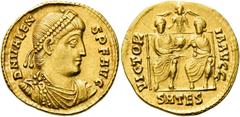 RÖMER KAISERZEIT. Valens, 364 - 378 n. Chr. Solidus ø 21mm (4,42g). 364 n. Chr. Mzst. Thessaloniki. Vs.: D N VALEN-S P F AVG, drapierte Panzerbüste mit Perlendiadem n. r. Rs.: VICTOR-IA AVGG / SMTES, 