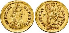 RÖMER KAISERZEIT. Honorius, 393 - 423 n. Chr. Solidus ø 21mm (4,46g). 404 - 416 n. Chr. Mzst. Rom. Vs.: Vs.: D N HONORI-VS P F AVG, drapierte Panzerbüste mit Perlendiadem n. r. Rs.: VICTORI-A AVGGG / 