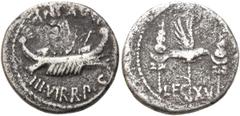 RÖMER RÖMISCHE REPUBLIK. RÖMISCHE REPUBLIK NACH 211 V. CHR.. Marcus Antonius, 32 - 31 v. Chr. Denar ø 17mm (3,26g). Mzst. mit Marc Anton ziehend (Patras?). Vs.: ANT AVG / IIIVIR R P C, Kriegsgaleere n