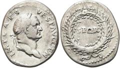 RÖMER RÖMISCHE KAISERZEIT. Vespasian, 69 - 79 n. Chr. Denar ø 20mm (3,02g). 73 n. Chr. Mzst. Rom. Vs.: IMP CAES VESP AVG CEN, Kopf mit Lorbeerkranz n. r. Rs.: S P Q R in Eichenkranz. RIC 66b; C. 516; 