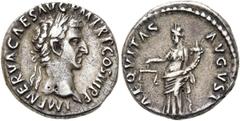 RÖMER RÖMISCHE KAISERZEIT. Nerva, 96 - 98 n. Chr. Denar ø 17mm (3,66g). 97 n. Chr. Mzst. Rom. Vs.: IMP NERVA CAES AVG P M TR P COS III P P, Kopf mit Lorbeerkranz n. r. Rs.: AEQVITAS AVGVST, Aequitas m