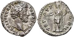 RÖMER RÖMISCHE KAISERZEIT. Marcus Aurelius als Caesar, 139 - 161 n. Chr. Denar ø 17mm (3,13g). 155 - 156 n. Chr. Mzst. Rom. Vs.: AVRELIVS CAES ANTON AVG PII F, Kopf n. r. Rs.: TR POT X COS II, Virtus 