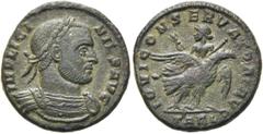 RÖMER RÖMISCHE KAISERZEIT. Licinius I., 308 - 324 n. Chr. AE Follis ø 18mm (2,96g). 319 n. Chr. Mzst. Arelate. Vs.: IMP LICI-NIVS AVG, Panzerbüste mit Lorbeerkranz n. r. Rs.: IOVI CONSERV-ATORI AVG / 