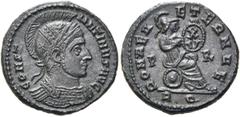 RÖMER RÖMISCHE KAISERZEIT. Constantin I., der Große, 307 - 337 n. Chr. AE Follis ø 19mm (3,59g). 318 - 319 n. Chr. Mzst. Rom. Vs.: CONST-ANTINVS AVG, behelmte Panzerbüste mit Lorbeerkranz n. r. Rs.: R