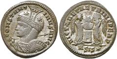 RÖMER RÖMISCHE KAISERZEIT. Constantin I., der Große, 307 - 337 n. Chr. AE Follis ø 19mm (3,13g). 319 - 320 n. Chr. Mzst. Siscia. Vs.: CONSTANT-INVS AVG, behelmte Panzerbüste mit Schild u. Lanze n. l. 