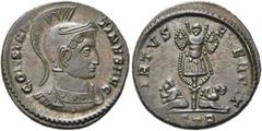 RÖMER RÖMISCHE KAISERZEIT. Constantin I., der Große, 307 - 337 n. Chr. AE Follis ø 19mm (3,17g). 320 n. Chr. Mzst. Treveris. Vs.: CONSTAN-TINVS AVG, Panzerbüste mit Helm n. r. Rs.: VIRTVS EXERCIT / ST