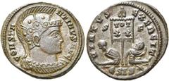 RÖMER RÖMISCHE KAISERZEIT. Constantin I., der Große, 307 - 337 n. Chr. AE Follis ø 20mm (3,19g). 320 n. Chr. Mzst. Siscia. Vs.: CONSTA-NTINVS AVG, behelmte Panzerbüste n. r. Rs.: VIRTVS EXERCIT / S - 