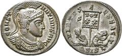 RÖMER RÖMISCHE KAISERZEIT. Constantin I., der Große, 307 - 337 n. Chr. AE Follis ø 20mm (2,71g). 320 n. Chr. Mzst. Siscia. Vs.: CONST- ANTINVS AVG, behelmte Panzerbüste n. r. Rs.: VIRTVS EXERCIT / S -
