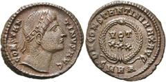 RÖMER RÖMISCHE KAISERZEIT. Constantin I., der Große, 307 - 337 n. Chr. AE Follis ø 20mm (3,30g). 327 - 329 n. Chr. Mzst. Heraclea. Vs.: CONSTAN-TINVS AVG, Kopf mit flachem Diadem u. Blick nach oben n.