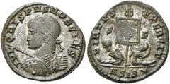 RÖMER RÖMISCHE KAISERZEIT. Crispus, 317 - 326 n. Chr. AE Follis ø 19mm (3,08g). 320 n. Chr. Mzst. Siscia. Vs.: IVL CRISPVS NOB CAES, Panzerbüste mit Lorbeerkranz, Schild u. Speer n. l. Rs.: VIRTVS EXE