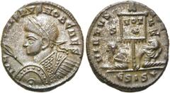 RÖMER RÖMISCHE KAISERZEIT. Crispus, 317 - 326 n. Chr. AE Follis ø 18mm (3,09g). 320 n. Chr. Mzst. Siscia. Vs.: IVL CRISPVS NOB CAES, Panzerbüste mit Lorbeerkranz, Schild u. Speer n. l. Rs.: VIRTVS EXE