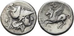 GRIECHEN SIZILIEN. SYRAKUS. Agathokles, 317 - 289 v. Chr. Stater ø 22mm (8,00g). 317 - 310 v. Chr. Vs.: Kopf der Athena mit korinthischem Helm mit Pegasos auf dem Helmkessel n. r., dahinter Tropaion. 