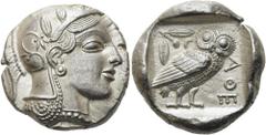 GRIECHEN ATTIKA. ATHEN. Tetradrachme ø 24mm (17,11g). 465 - 460 v. Chr. Vs.: Kopf der Athena mit verziertem u. bekränztem attischen Helm n. r. Rs.: ΑΘΕ, Eule n. r. stehend, Kopf in Vorderansicht, im F