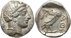 GRIECHEN ATTIKA. ATHEN. Tetradrachme ø 24mm (17,20g). 420 - 405 v. Chr. Vs.: Kopf der Athena mit verziertem u. bekränztem attischen Helm n. r. Rs.: ΑΘΕ, Eule n. r. stehend, Kopf in Vorderansicht, im F