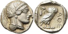 GRIECHEN ATTIKA. ATHEN. Tetradrachme ø 24,5mm (17,18g). 420 - 405 v. Chr. Vs.: Kopf der Athena mit verziertem u. bekränztem attischen Helm n. r. Rs.: ΑΘΕ, Eule n. r. stehend, Kopf in Vorderansicht, im