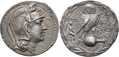 GRIECHEN ATTIKA. ATHEN. Tetradrachme des Neuen Stils ø 34mm (16,88g). 144/3 v. Chr. Magistrate Diofa... und Diodo... Vs.: Kopf der Athena Parthenos mit dreibuschigem, reich verzierten attischen Helm n