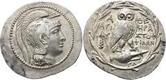 GRIECHEN ATTIKA. ATHEN. Tetradrachme des Neuen Stils ø 35mm (16,82g). 136/5 v. Chr. ΗΡΑ - ΑΡΙΣΤΟΦ. Vs.: Kopf der Athena mit reichverziertem Helm n. r. Rs.: Α-ΘΕ / ΗΡΑ / ΑΡΙ-ΣΤΟΦ / ΦΙΛΑΝ, Eule auf Amph