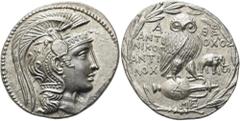 GRIECHEN ATTIKA. ATHEN. Tetradrachme des Neuen Stils ø 31mm (16,83g). 131/0 v. Chr. ΑΝΤΙΟΧΟΣ - ΝΙΚΟΓ. Vs.: Kopf der Athena mit reichverziertem Helm n. r. Rs.: Α-ΘΕ / ΑΝΤΙ-ΟΧΟΣ / ΝΙΚΟΓ / ΑΝΤΙ/ΛΟΧ, Eule