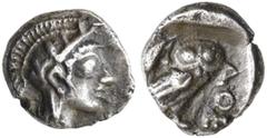 GRIECHEN ATTIKA. ATHEN. Hemiobol ø 7mm (0,33g). 479 - 393 v. Chr. Vs.: Kopf der Athena mit attischem Helm und Lorbeerkranz n. r. Rs.: ΑΘΕ, Eule und Olivenzweig. SNG Cop. 59 ff. R! Dunkle Tönung,