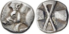 GRIECHEN LYKIEN. PRAEDYNASTISCHE PRÄGUNGEN. 1/3 Stater ø 14mm (2,77g). Circa 520 - 470 v. Chr. Vs.: Vorderteil eines Ebers mit aufgestelltem Kamm n. l. Rs.: Quadratum incusum mit großem X im Zentrum, 