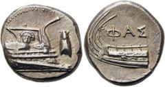 GRIECHEN LYKIEN. PHASELIS. Stater ø 22mm (10,41g). 4. Jh. v. Chr. Vs.: Vorderteil einer Galeere n. r. fahrend, auf der Reling Gorgonenkopf, r. im Feld Zikade. Rs.: Heck einer Galeere, darüber ΦΑΣ. Hei