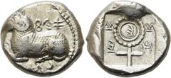 GRIECHEN ZYPERN. SALAMIS. Nikodamos, ca. 460 - 450 v. Chr. Stater ø 23mm (11,29g). Vs.: Liegender Widder n. l., darum zyprische Inschrift "ba-si-le-wo-ni-ko-da-mo". Rs.: Ankh-Symbol, darin "ni", darum
