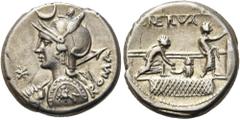 RÖMER RÖMISCHE REPUBLIK. RÖMISCHE REPUBLIK NACH 211 V. CHR. P. Licinius Nerva, 113 oder 112 v. Chr. Denar ø 16mm (3,86g). Mzst. Rom. Vs.: ROMA, Büste der Roma mit Helm, geschulterter Lanze u. Schild (