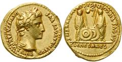 RÖMER RÖMISCHE KAISERZEIT. Augustus, 27 v. Chr. - 14 n. Chr. Aureus ø 20mm (7,96g). 8 - 7 v. Chr. Mzst. Lugdunum. Vs.: CAESAR AVGVSTVS DIVI F PATER PATRIAE, Kopf mit Lorbeerkranz n. r. Rs.: AVGVSTI F 