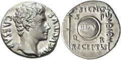 RÖMER RÖMISCHE KAISERZEIT. Augustus, 27 v. Chr. - 14 n. Chr. Denar ø 18mm (3,99g). 19 - 18 v. Chr. Mzst. Colonia Patricia. Vs.: CAESAR AVGVSTVS, Kopf n. r. Rs.: SIGNIS / RECEPTIS / S / P / Q / R, Schi