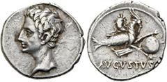 RÖMER RÖMISCHE KAISERZEIT. Augustus, 27 v. Chr. - 14 n. Chr. Denar ø 20mm (3,81g). 19 - 18 v. Chr. Mzst. Nemausus. Vs.: Kopf n. l. Rs.: AVGVSTVS, Capricorn mit Füllhorn, Ruder u. Globus n. r. RIC 547b