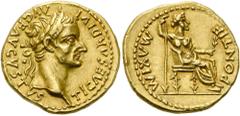 RÖMER RÖMISCHE KAISERZEIT. Tiberius, 14 - 37 n. Chr. Aureus ø 20mm (7,80g). 14 - 17 n. Chr. Mzst. Lugdunum. Vs.: TI CAESAR DIVI AVG F AVGVSTVS, Kopf mit Lorbeerkranz n. r. Rs.: PONTIF MAXIM, Iustitia 