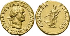 RÖMER RÖMISCHE KAISERZEIT. Vespasian, 69 - 79 n. Chr. Aureus ø 18mm (7,22g). 70 n. Chr. Mzst. Lugdunum. Vs.: IMP CAESAR VESPASIANVS AVG TR P, Kopf mit Lorbeerkranz n. r. Rs.: COS ITER FORT RED, Fortun