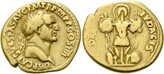 RÖMER RÖMISCHE KAISERZEIT. Vespasian, 69 - 79 n. Chr. Aureus ø 20mm (6,98g). 72 n. Chr. Mzst. Lugdunum. Vs.: IMP CAES VESPAS AVG P M TR P IIII P P COS IIII, Kopf mit Lorbeerkranz n. r. Rs.: DE IVDAEIS