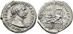 RÖMER RÖMISCHE KAISERZEIT. Trajan, 98 - 117 n. Chr. Denar ø 19mm (3,36g). ca. 107 - 108 n. Chr. Mzst. Rom. Vs.: IMP TRAIANO AVG GER DAC P M TR P, Büste mit Lorbeerkranz u. Gewand auf l. Schulter n. r.