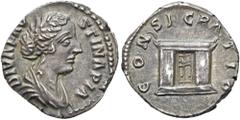 RÖMER RÖMISCHE KAISERZEIT. Diva Faustina minor, ab 176 n. Chr. Denar ø 18mm (3,16g). Mzst. Rom. Vs.: DIVA FAV-STINA PIA, drapierte Büste n.r. Rs.: CONSECRATIO, Altar mit Palmzweigen. RIC 746; C. 75; B