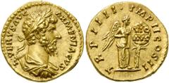 RÖMER RÖMISCHE KAISERZEIT. Lucius Verus, 161 - 169 n. Chr. Aureus ø 19mm (7,39g). 164 n. Chr. Mzst. Rom. Vs.: L VERVS AVG ARMENIACVS, drapierte Panzerbüste mit Lorbeerkranz n. r. Rs.: TR P IIII IMP II