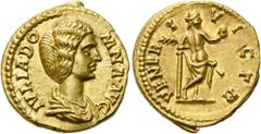 RÖMER RÖMISCHE KAISERZEIT. Iulia Domna, 193 - 217 n. Chr. Aureus ø 20mm (7,27g). 194 n. Chr., geprägt unter Septimius Severus. Mzst. Rom. Vs.: IVLIA DO-MNA AVG, drapierte Büste n. r. Rs.: VENER-I VICT