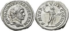 RÖMER RÖMISCHE KAISERZEIT. Caracalla, 197 - 217 n. Chr. Denar ø 20mm (2,81g). 216 n. Chr. Mzst. Rom. Vs.: ANTONINVS PIVS AVG GERM, Kopf mit Lorbeerkranz n. r. Rs.: P M TR P XVIIII COS IIII P P, Sol mi