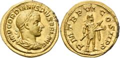 RÖMER RÖMISCHE KAISERZEIT. Gordian III., 238 - 244 n. Chr. Aureus ø 20mm (5,32g). 214 - 243 n. Chr. Mzst. Rom. Vs.: IMP GORDIANVS PIVS FEL AVG, drapierte Büste mit Lorbeerkranz n.r. Rs.: PM TR P VI CO