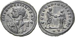 RÖMER RÖMISCHE KAISERZEIT. Aurelian, 270 - 275 n. Chr. Antoninian ø 24mm (3,53g). 272 n. Chr. Mzst. Siscia. Vs.: IMP C AVRELIANVS AVG, Büste in heroischer Nacktheit mit Strahlenkrone, Schild u. Speer 