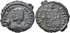 RÖMER RÖMISCHE KAISERZEIT. Theodosius I., 379 - 395 n. Chr. AE ø 20mm (2,27g). 384 - 388 n. Chr. Mzst. Thessaloniki. Vs.: D N THEODO-SIVS P F AVG, Konsularbüste mit Perlendiadem, Mappa u. Zepter n. l.