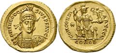 RÖMER RÖMISCHE KAISERZEIT. Theodosius II., 408 - 450 n. Chr. Solidus ø 21mm (4,44g). 408 - 430 n. Chr. Mzst. Konstantinopel. Vs.: D N THEODO-SIVS P F AVG, frontale Panzerbüste, Kopf leicht n. r, mit H