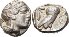 GRIECHEN ATTIKA. ATHEN. Tetradrachme ø 25mm (16,92g). ca. 454 - 404 v. Chr. Vs.: Kopf der Athena mit verziertem u. bekränztem attischen Helm n. r. Rs.: ΑΘΕ, Eule n. r. stehend, Kopf in Vorderansicht, 