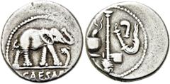 RÖMER RÖMISCHE REPUBLIK. RÖMISCHE REPUBLIK NACH 211 V. CHR. C. Iulius Caesar, 49 - 48 v. Chr. Denar ø 18mm (4,08g). Mzst. in Gallia Narbonensis oder Hispania Citerior. Vs.: CAESAR, Elefant trampelt n.